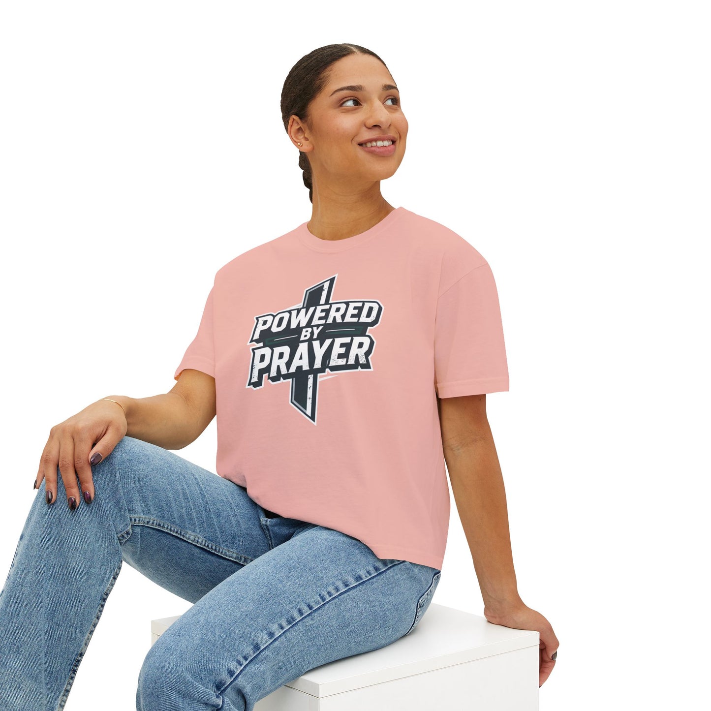 Powered by Prayer Boxy Tee — Women's Christian Graphic Shirt