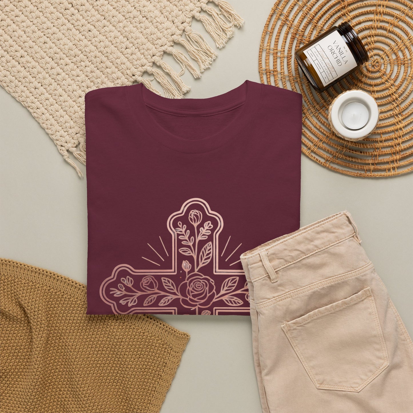 Floral Cross Tee – Delicate Pink Botanical Christian T-Shirt