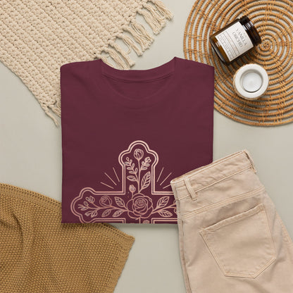 Floral Cross Tee – Delicate Pink Botanical Christian T-Shirt