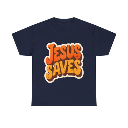 Jesus Saves Retro Tee — Bright Sunset Faith T-Shirt