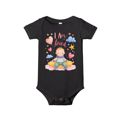 “I Am Loved” Baby Onesie – Cute Infant Bodysuit with Heart & Cloud Illustration