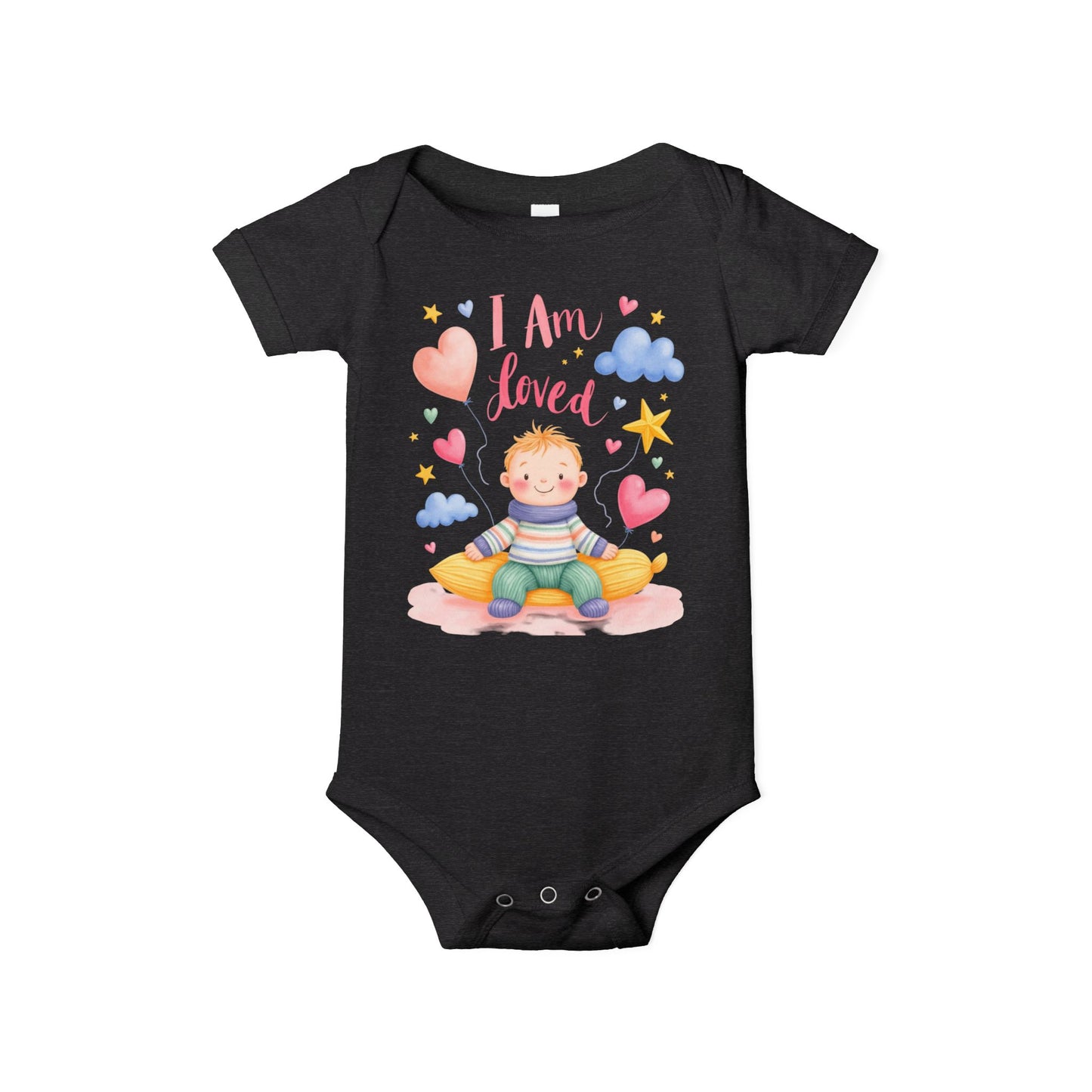“I Am Loved” Baby Onesie – Cute Infant Bodysuit with Heart & Cloud Illustration