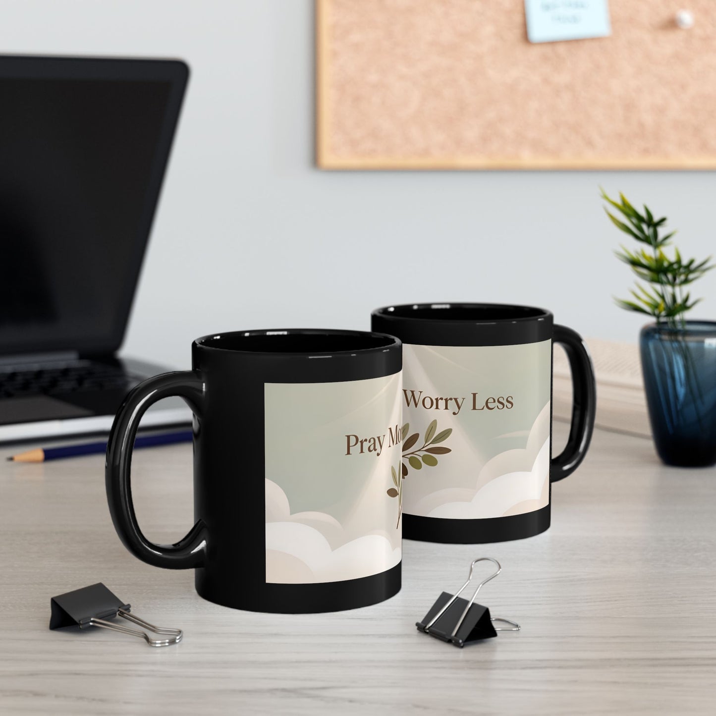 Pray More, Worry Less Mug | Black Ceramic Coffee Cup