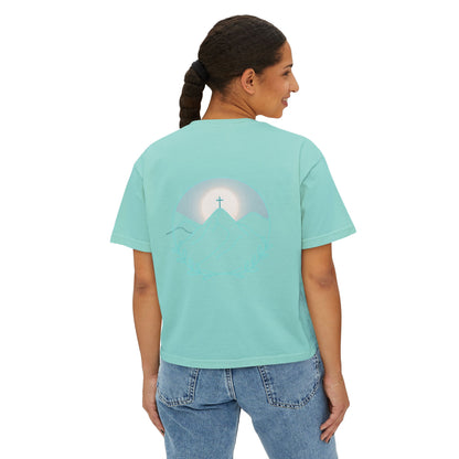 Women's Boxy Tee — Sunrise Mountain Line Art with Laurel (Calm, Faith-Inspired Vintage Tee)
