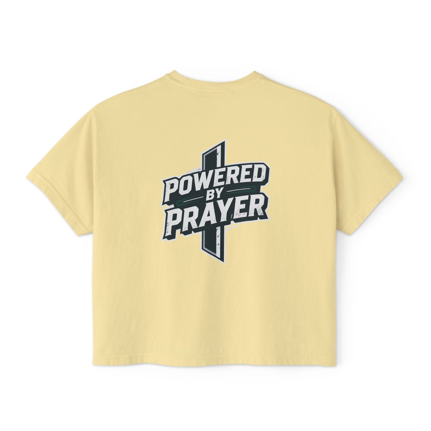 Powered by Prayer Boxy Tee — Women's Christian Graphic Shirt