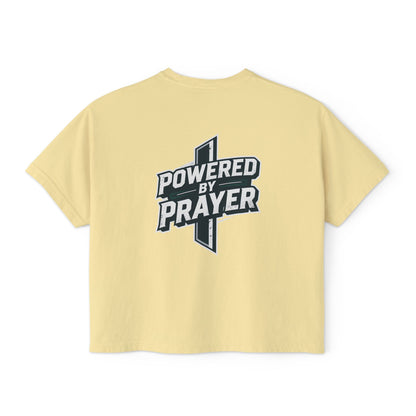 Powered by Prayer Boxy Tee — Women's Christian Graphic Shirt