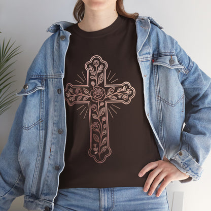 Floral Cross Tee – Delicate Pink Botanical Christian T-Shirt
