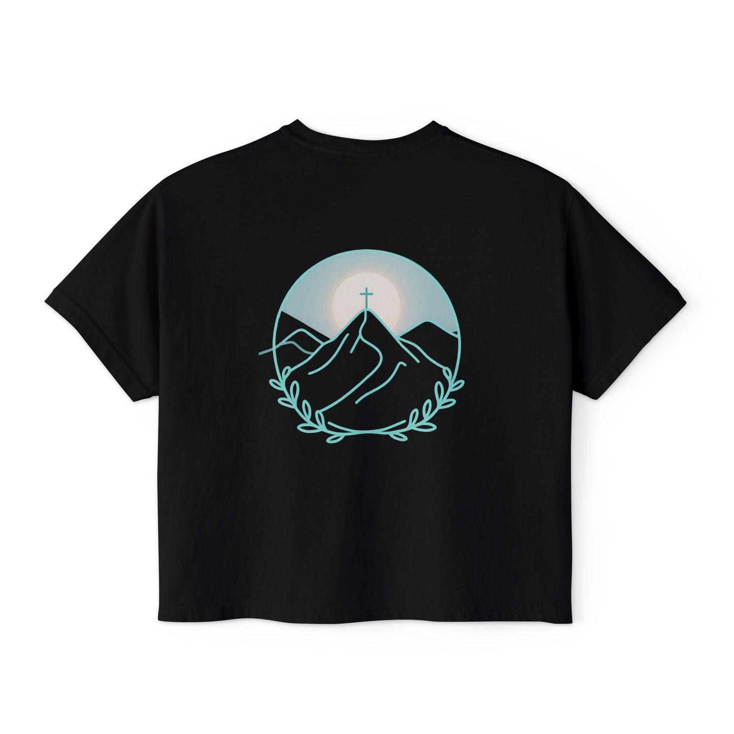 Women's Boxy Tee — Sunrise Mountain Line Art with Laurel (Calm, Faith-Inspired Vintage Tee)