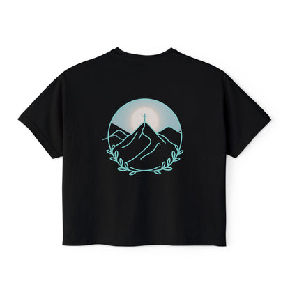 Women's Boxy Tee — Sunrise Mountain Line Art with Laurel (Calm, Faith-Inspired Vintage Tee)