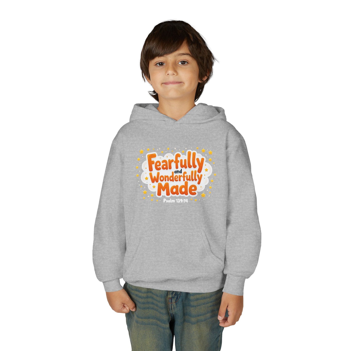 Youth Hoodie — "Fearfully & Wonderfully Made" Christian Kids Sweatshirt (Psalm 139:14)