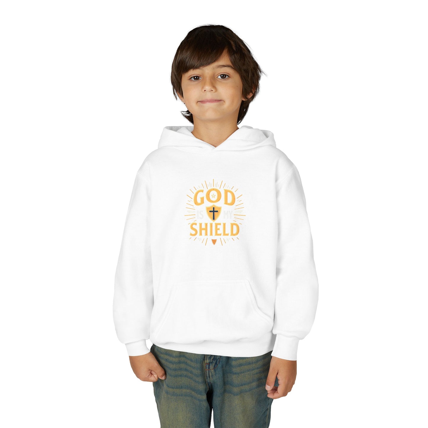 Youth Hoodie — "God Shield" Faith Graphic Pullover