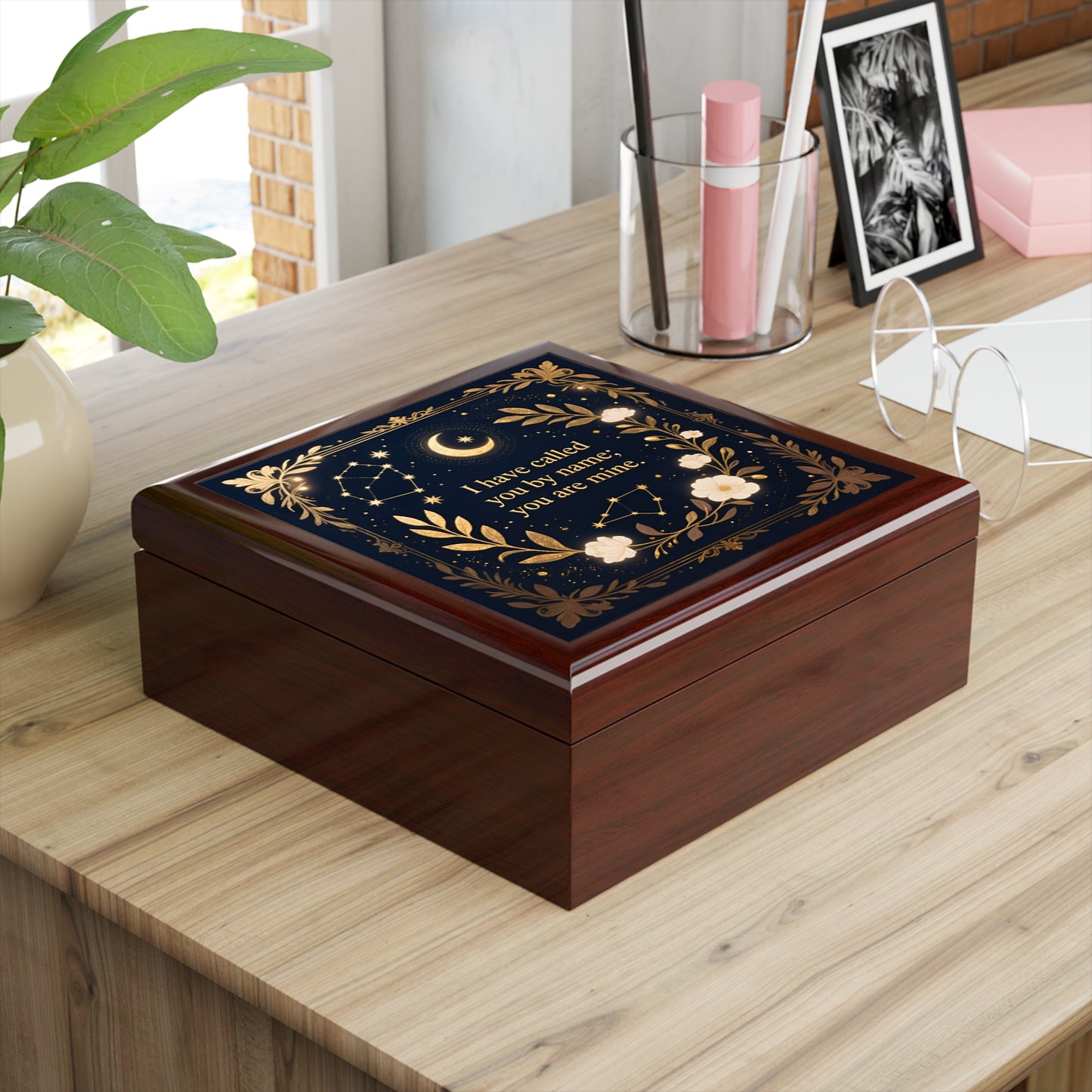 Keepsake Jewelry Box – 'I Have Called You By Name; You Are Mine' Gold Floral Moon Design