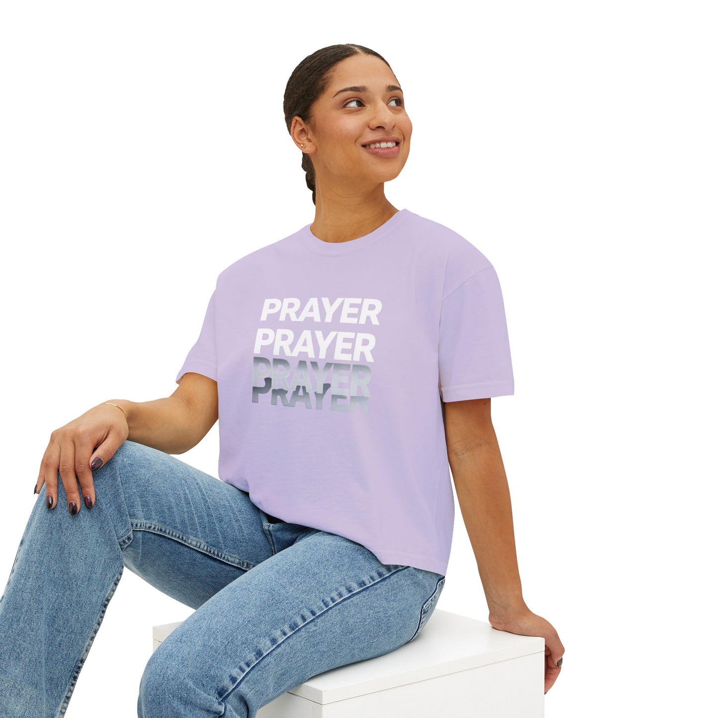 Prayer Boxy Tee — Women's Spiritual Graphic Top (Prayer Repeated Design)