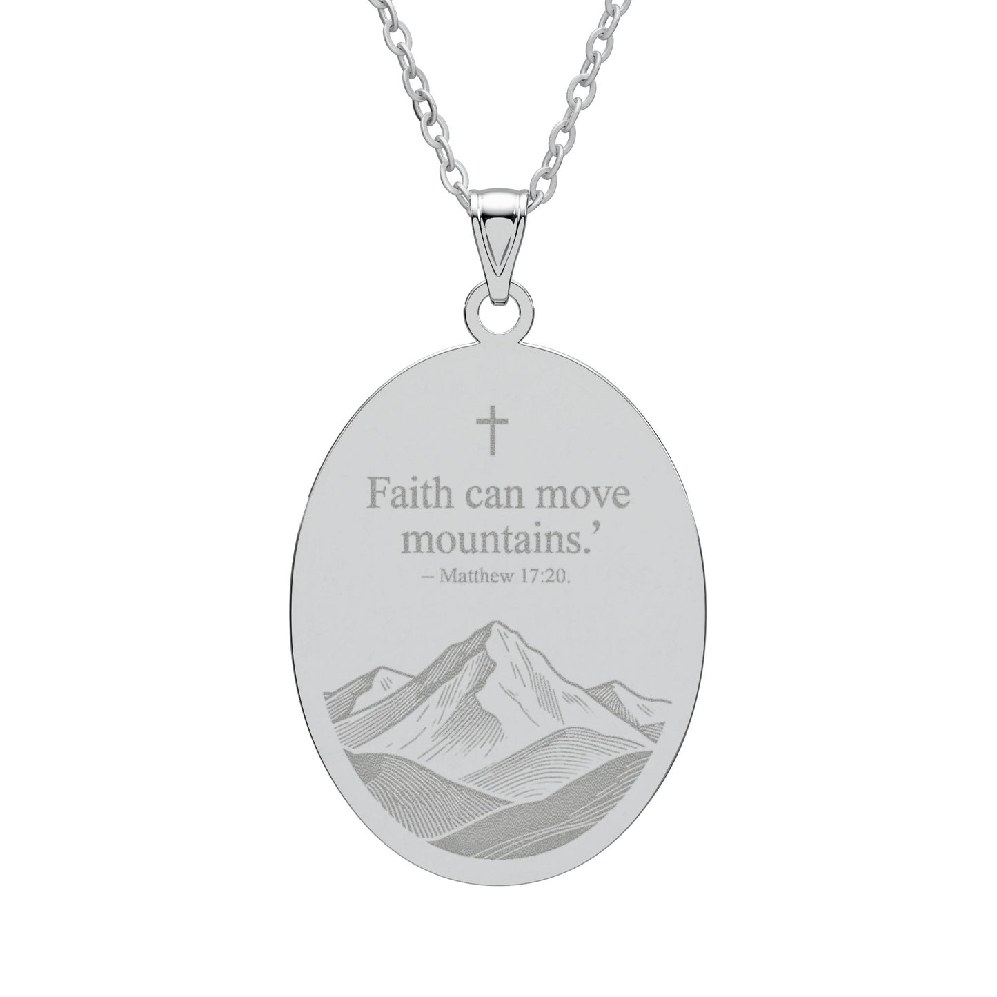Faith Can Move Mountains Oval Pendant – Christian Inspirational Necklace (Cross & Mountain Design)