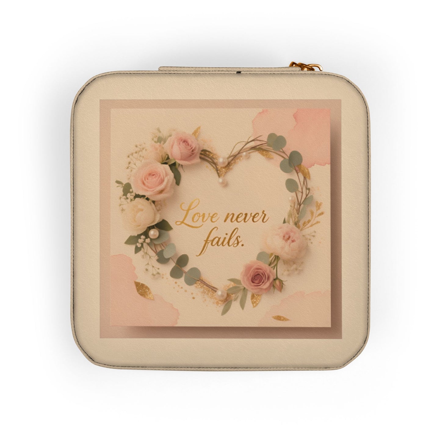 Portable Jewelry Travel Case - Pink Floral 'Love Never Fails' Organizer