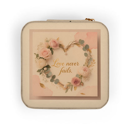 Portable Jewelry Travel Case - Pink Floral 'Love Never Fails' Organizer