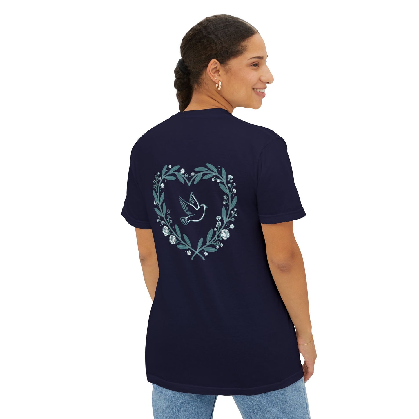 Pocket T-Shirt — Peace Dove Heart Back Graphic