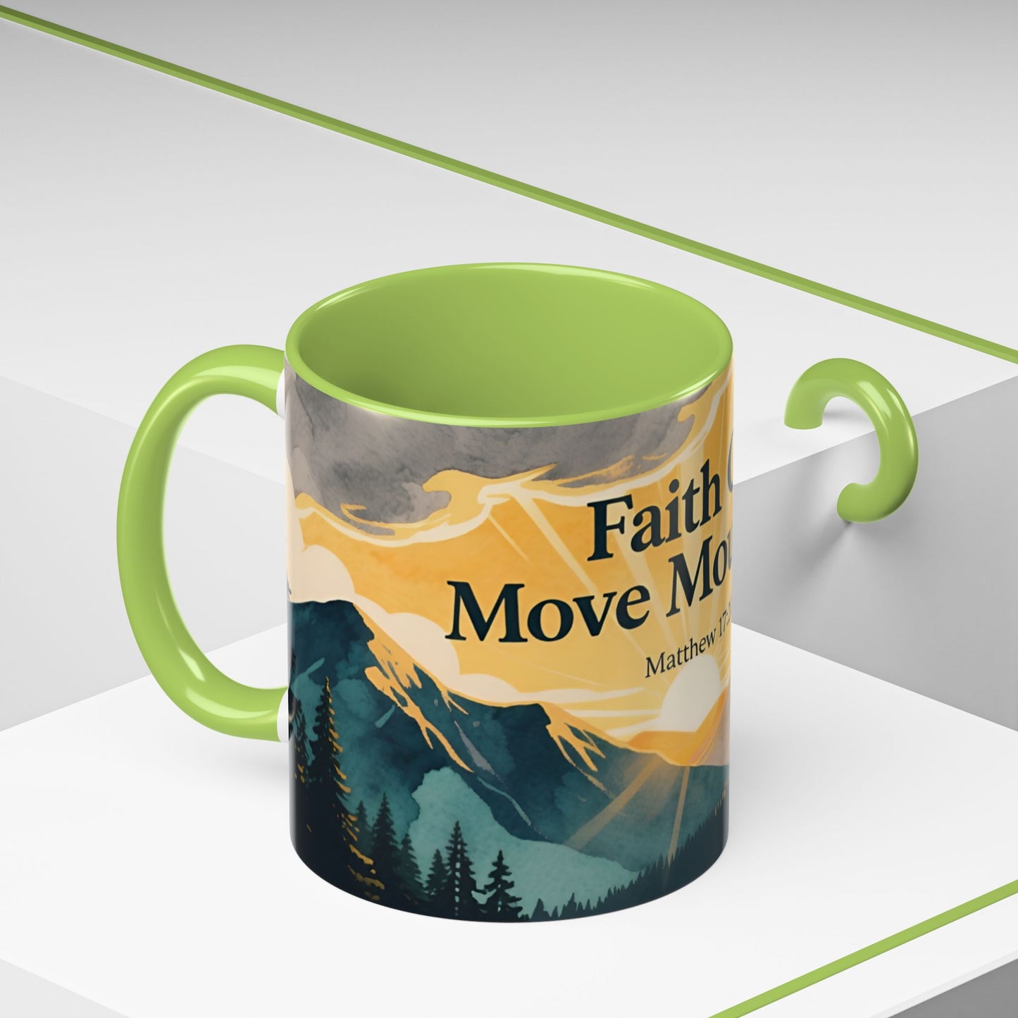 Faith Can Move Mountains Coffee Mug — Matthew 17:20 Inspirational Accent Mug