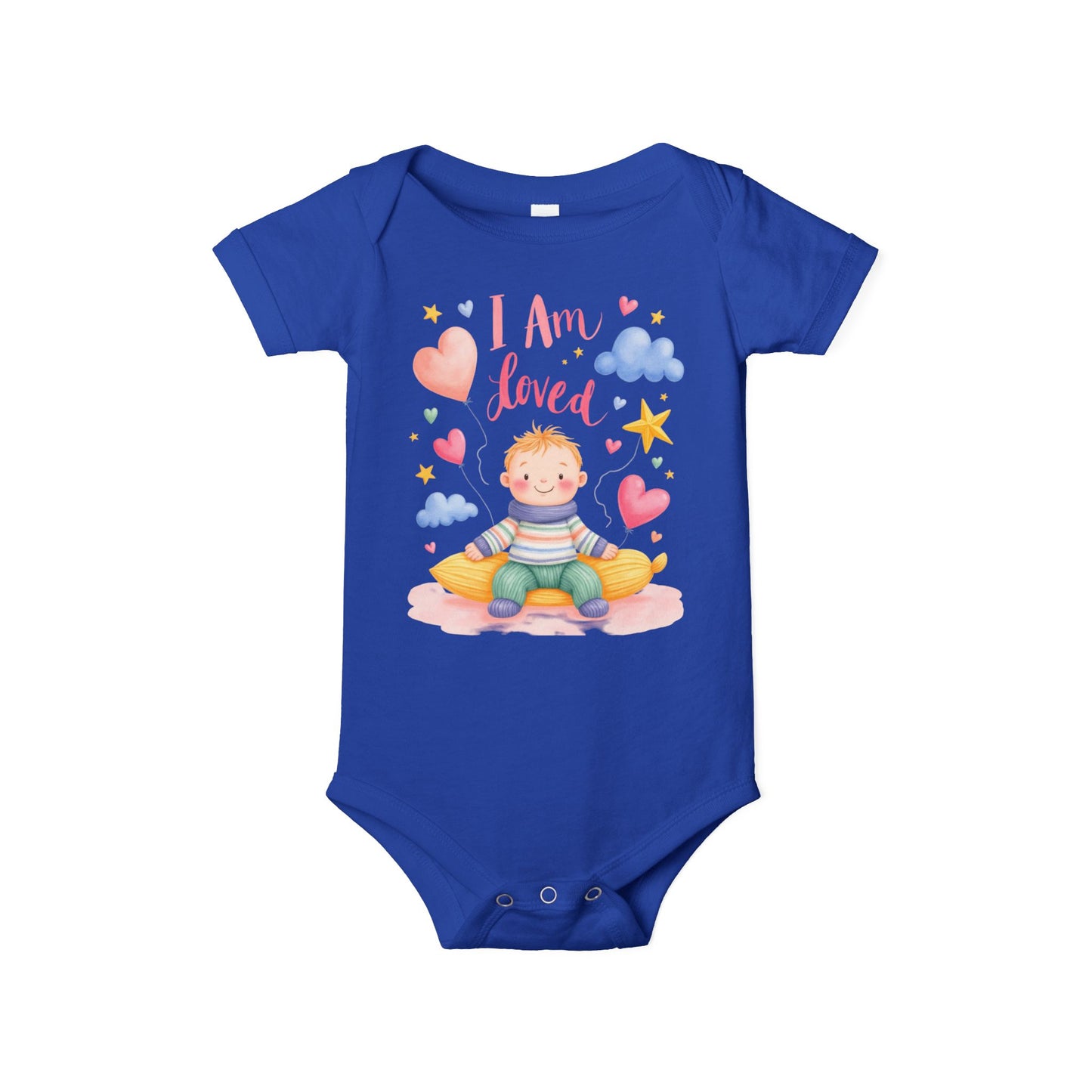 “I Am Loved” Baby Onesie – Cute Infant Bodysuit with Heart & Cloud Illustration