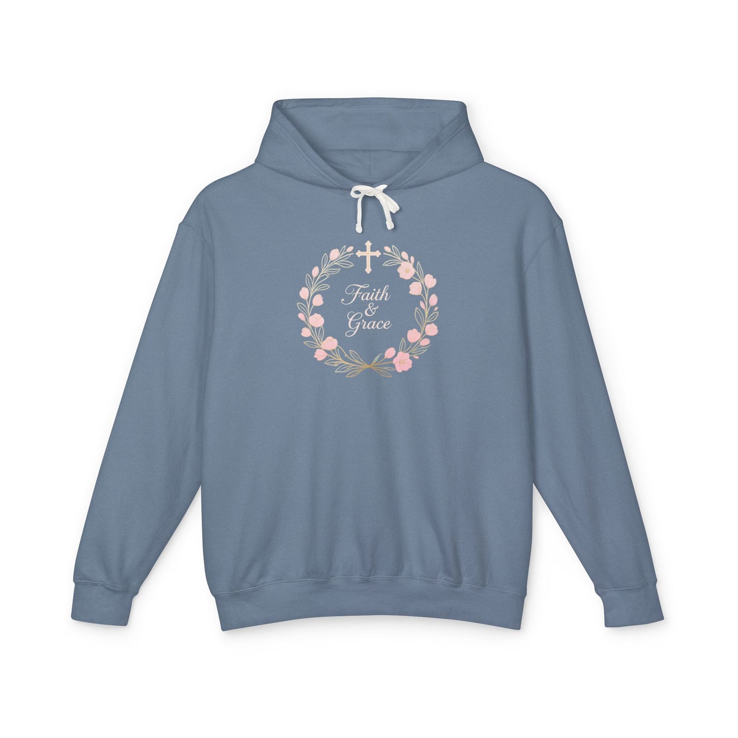 Faith & Grace Blush Rose Hoodie — Lightweight Floral Cross Pullover
