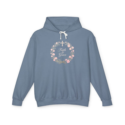 Faith & Grace Blush Rose Hoodie — Lightweight Floral Cross Pullover