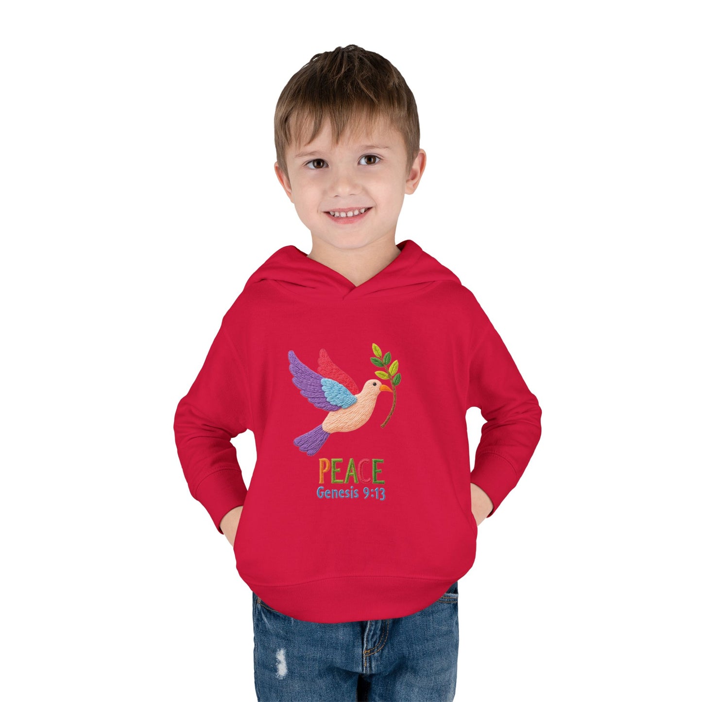 Toddler Hoodie — Colorful Peace Dove with Olive Branch & “PEACE Genesis 9:13”