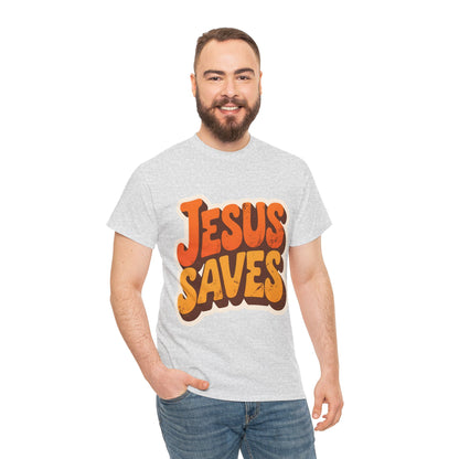 Jesus Saves Retro Tee — Bright Sunset Faith T-Shirt