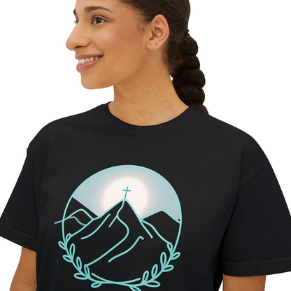 Women's Boxy Tee — Sunrise Mountain Line Art with Laurel (Calm, Faith-Inspired Vintage Tee)