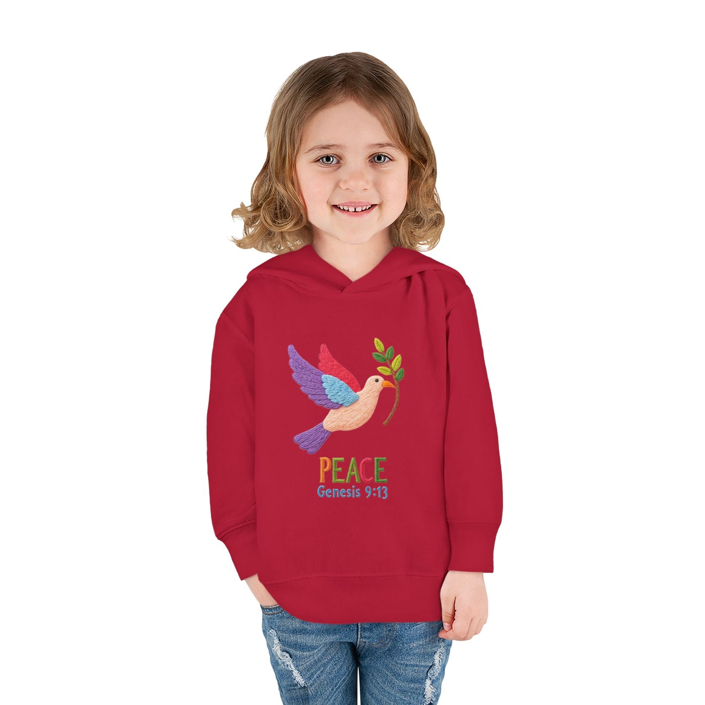 Toddler Hoodie — Colorful Peace Dove with Olive Branch & “PEACE Genesis 9:13”
