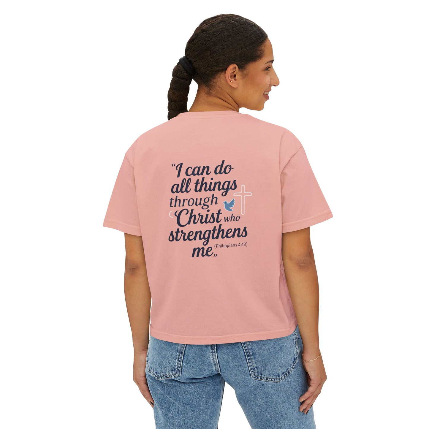Christian Graphic Boxy Tee — "I Can Do All Things Through Christ" Inspirational Women’s T‑Shirt