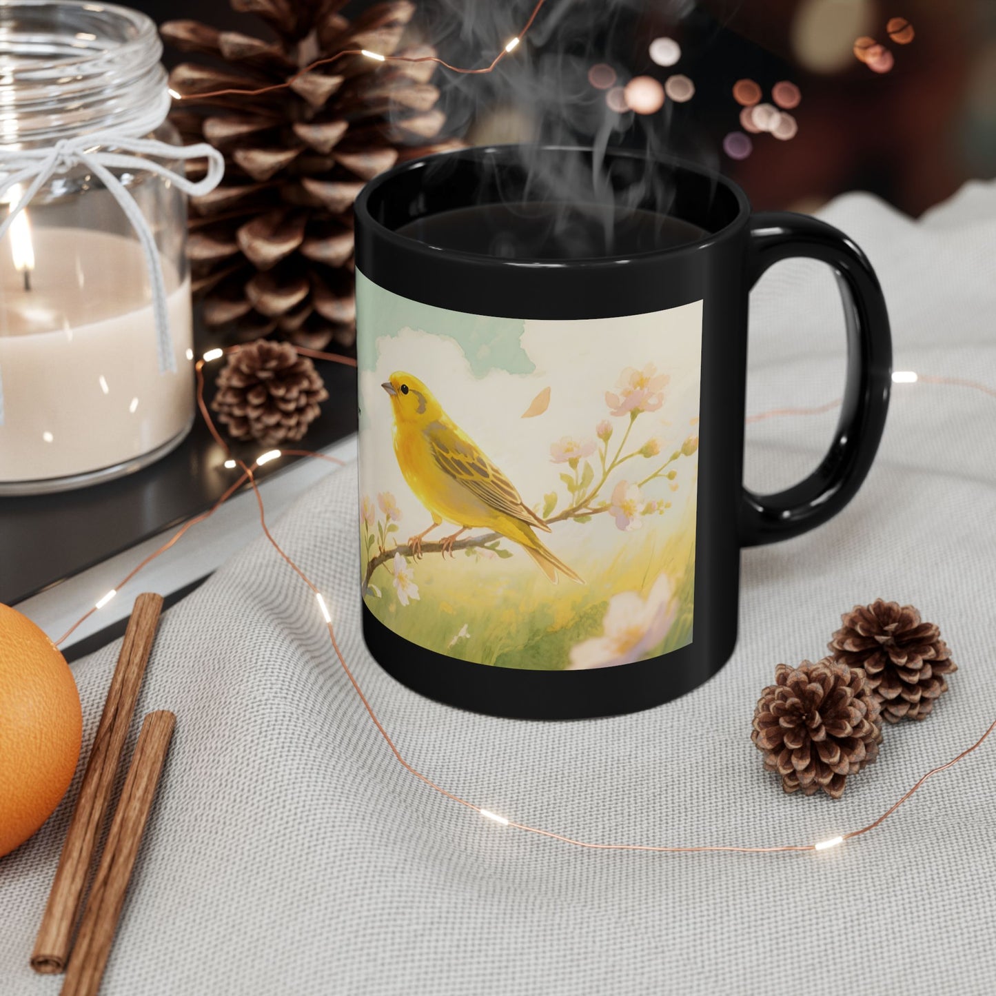 Yellow Songbird on Branch Mug | Black Coffee Cup with Floral Illustration