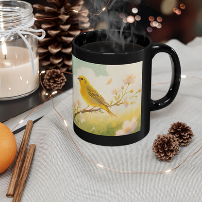 Yellow Songbird on Branch Mug | Black Coffee Cup with Floral Illustration