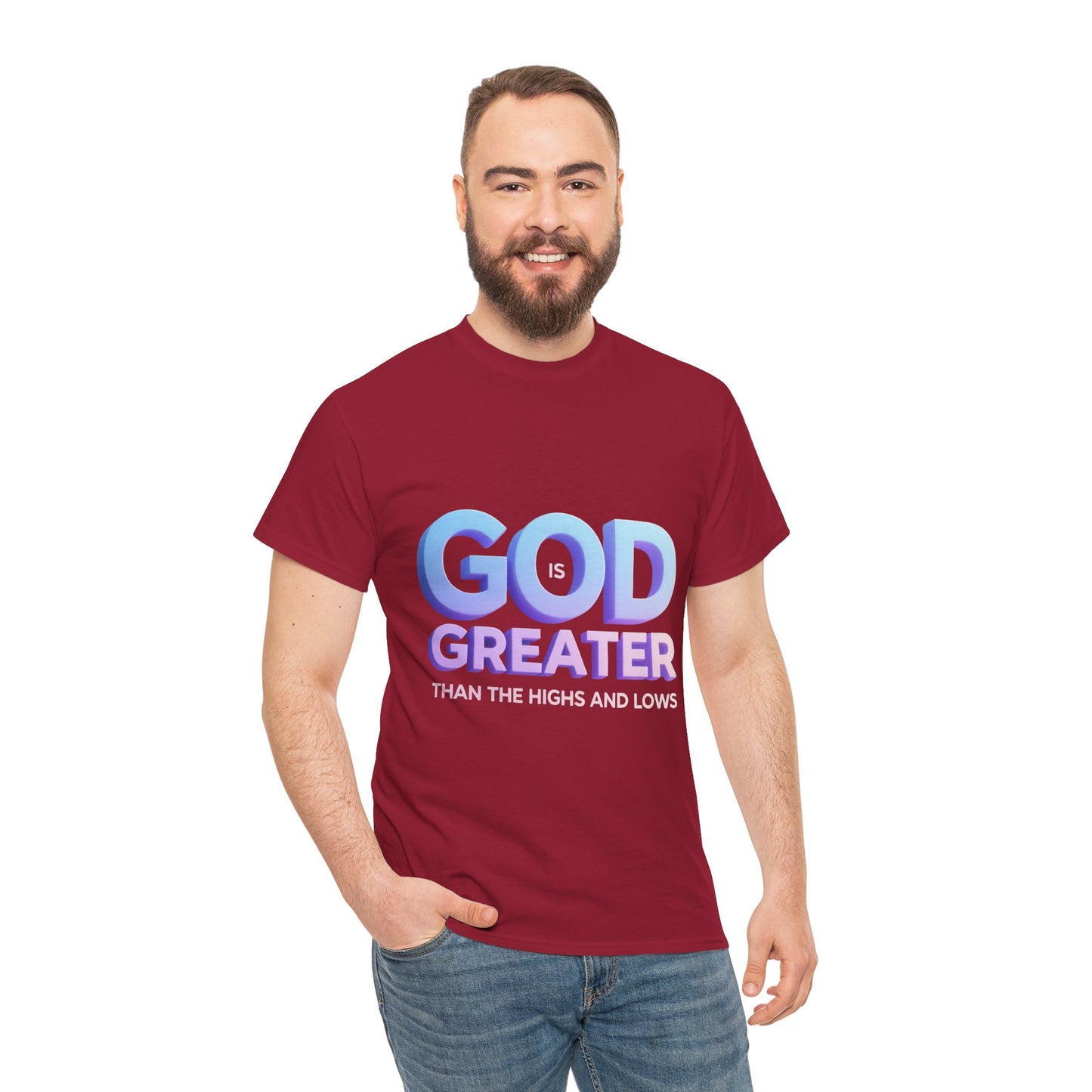 God Greater Gradient Tee — Soft Blue & Lilac Faith Shirt