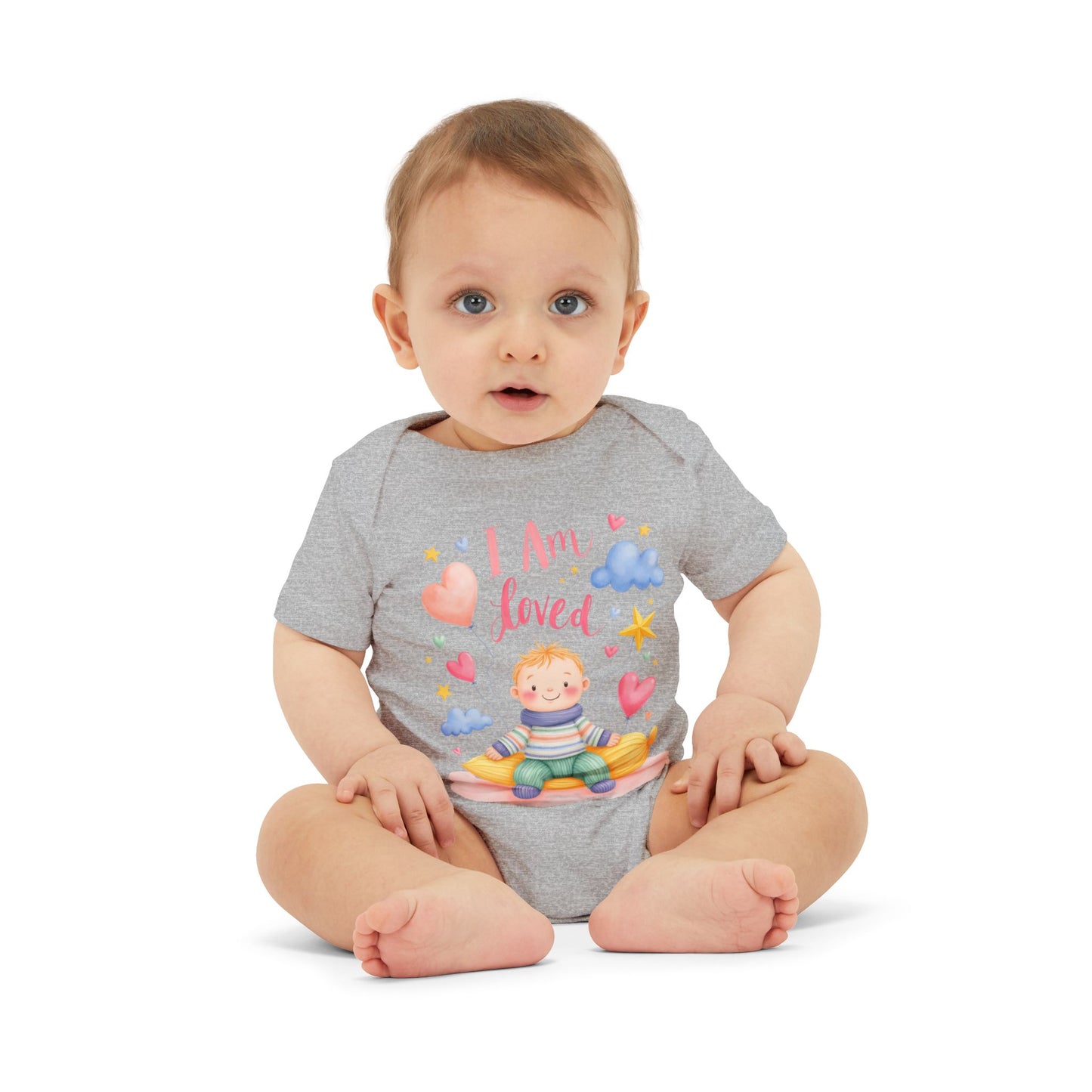 “I Am Loved” Baby Onesie – Cute Infant Bodysuit with Heart & Cloud Illustration