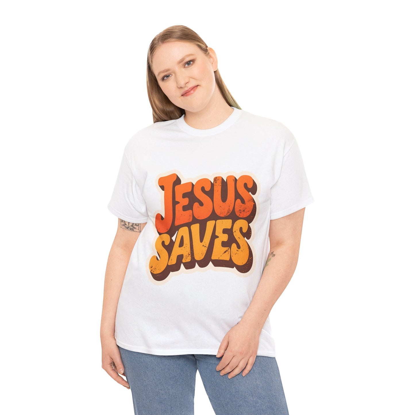 Jesus Saves Retro Tee — Bright Sunset Faith T-Shirt