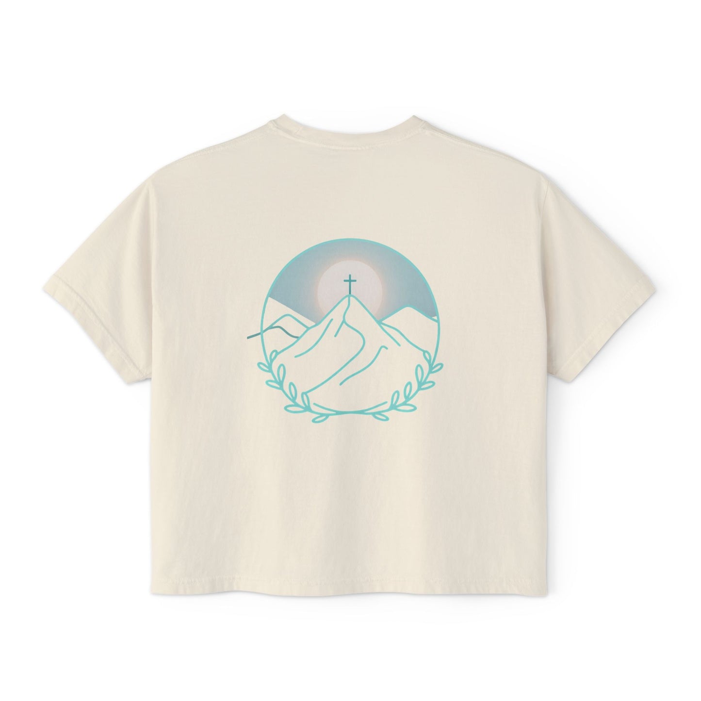 Women's Boxy Tee — Sunrise Mountain Line Art with Laurel (Calm, Faith-Inspired Vintage Tee)