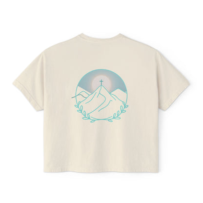 Women's Boxy Tee — Sunrise Mountain Line Art with Laurel (Calm, Faith-Inspired Vintage Tee)