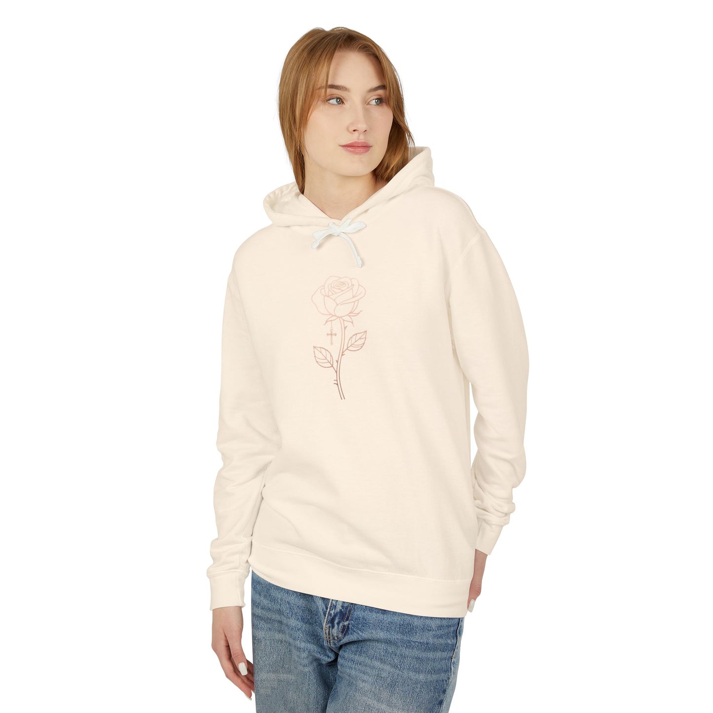 Lightweight Rose Line Hoodie — Subtle Single-Line Floral Design