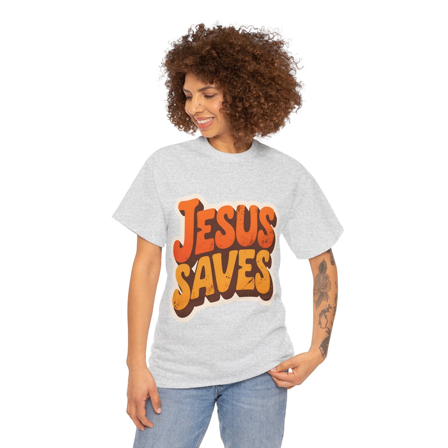 Jesus Saves Retro Tee — Bright Sunset Faith T-Shirt