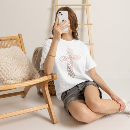 Floral Cross Tee – Delicate Pink Botanical Christian T-Shirt