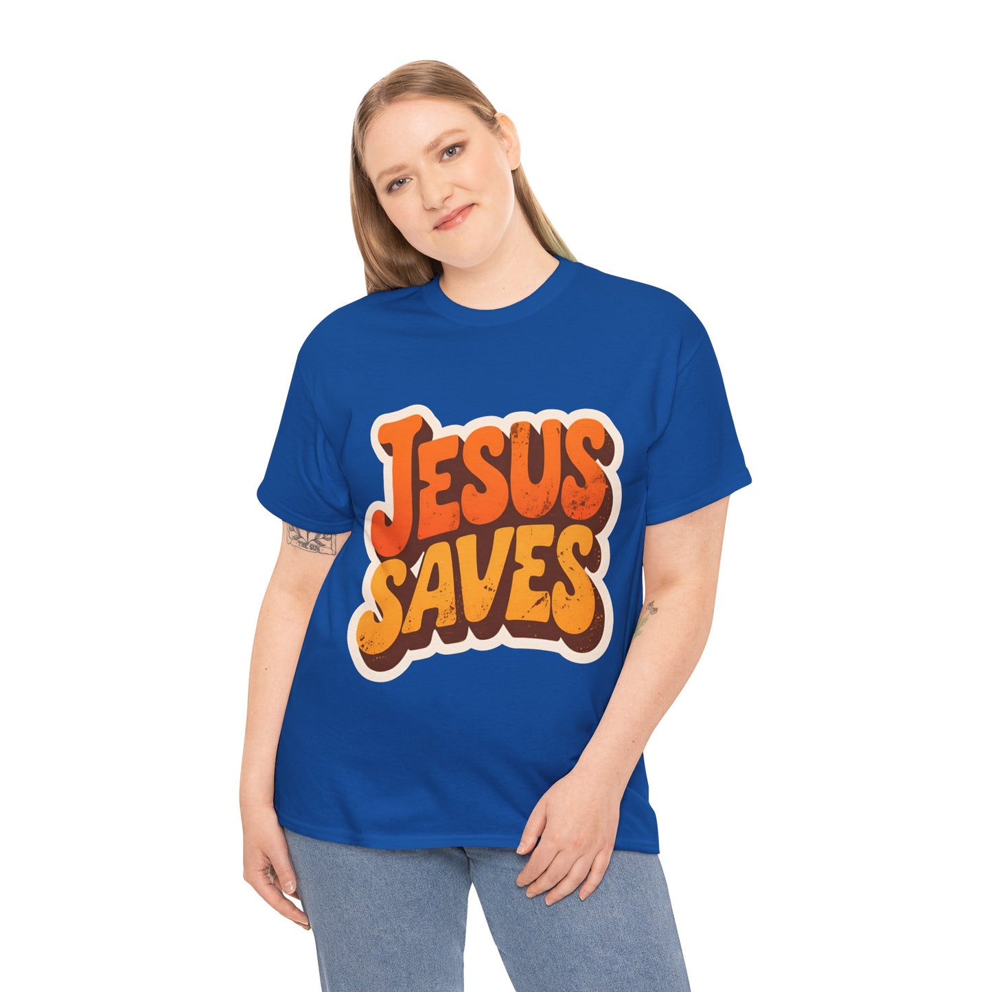 Jesus Saves Retro Tee — Bright Sunset Faith T-Shirt