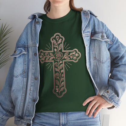 Floral Cross Tee – Delicate Pink Botanical Christian T-Shirt