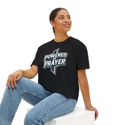 Powered by Prayer Boxy Tee — Women's Christian Graphic Shirt
