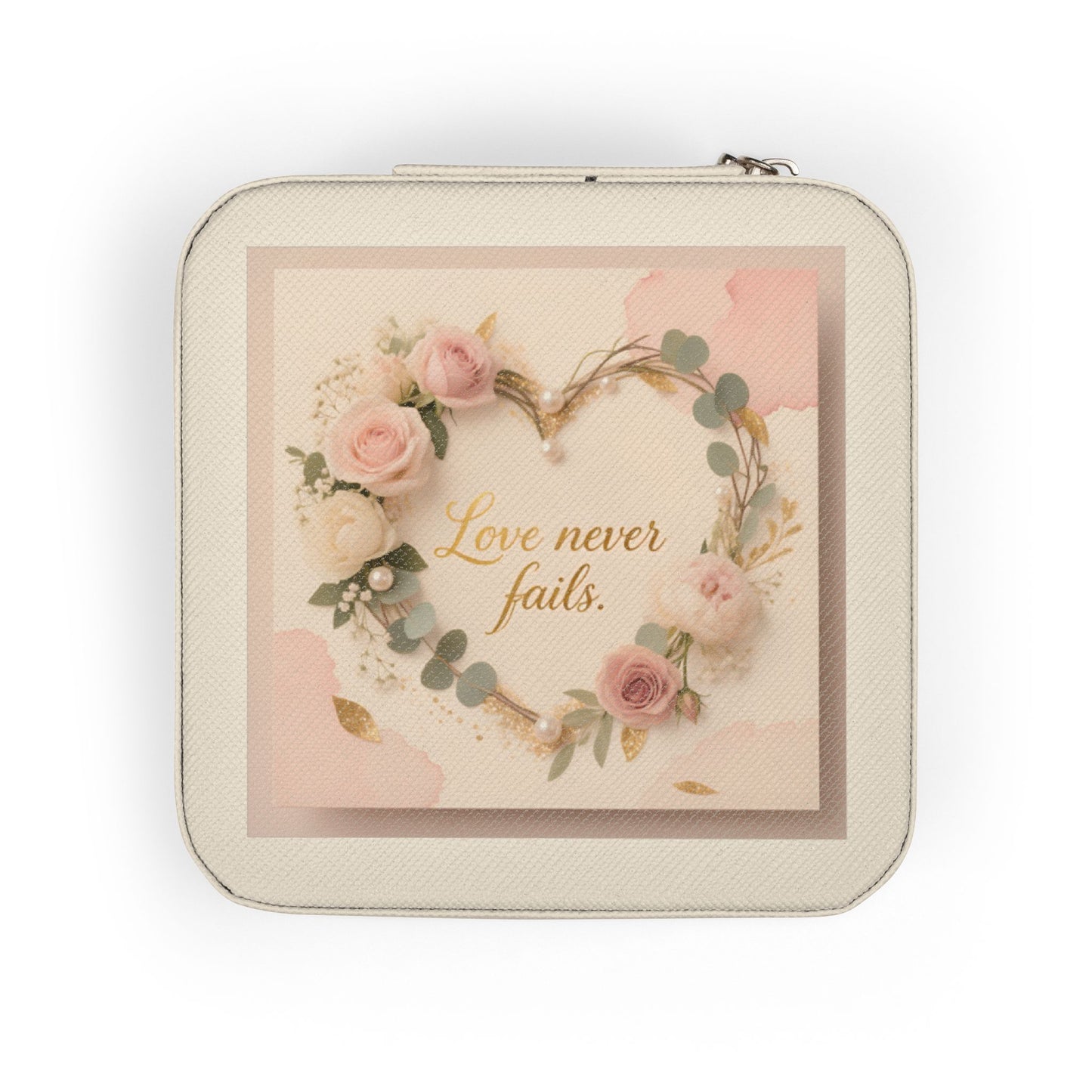 Portable Jewelry Travel Case - Pink Floral 'Love Never Fails' Organizer