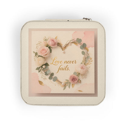 Portable Jewelry Travel Case - Pink Floral 'Love Never Fails' Organizer