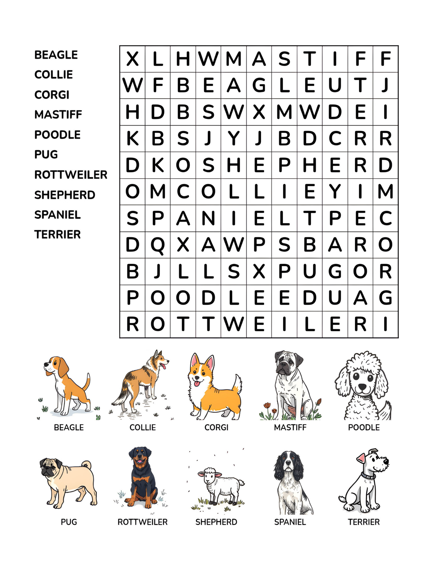 Paws and Puzzles: Dogs Word Search Activity Book | 8.5 X  11 Digital Download