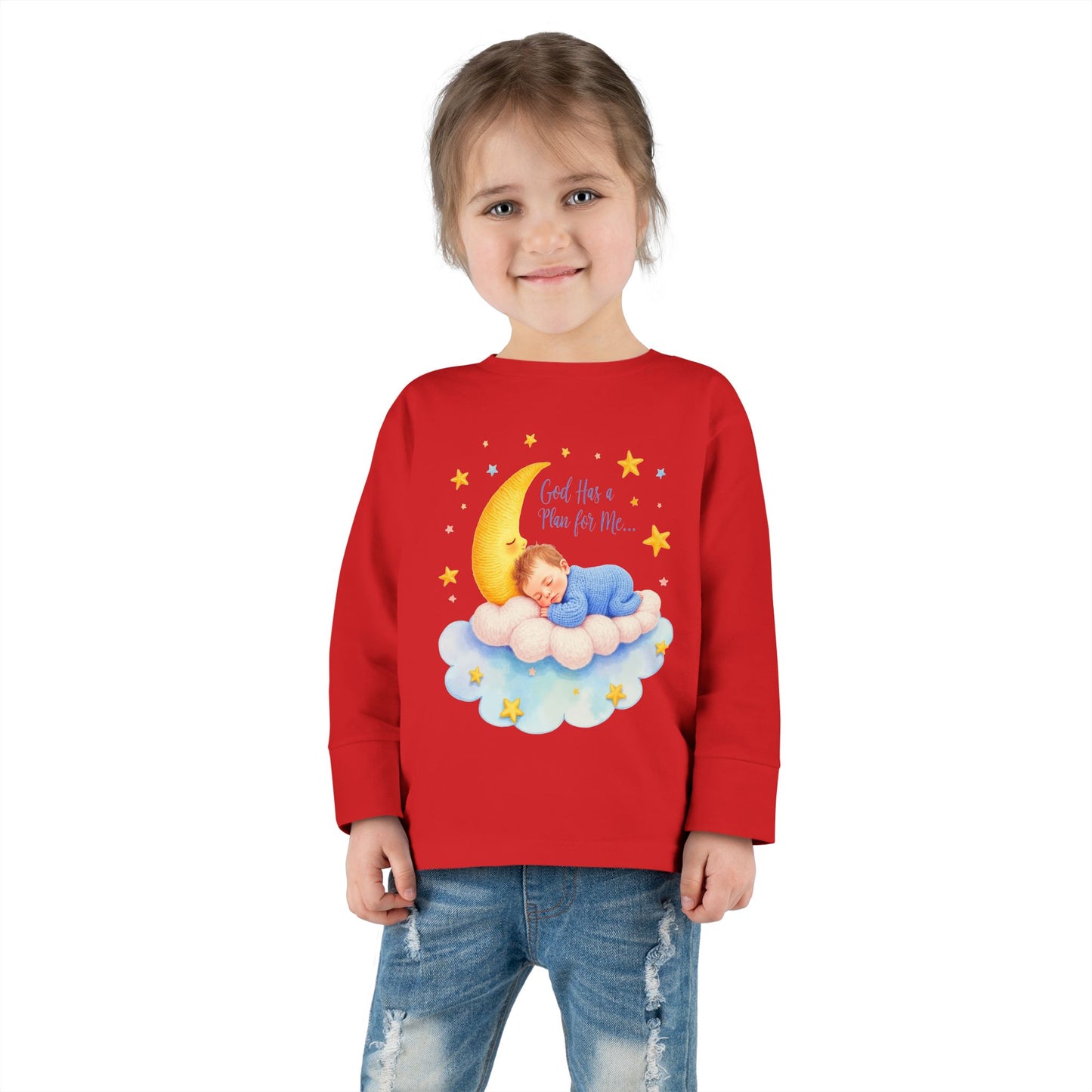 God Has a Plan for Me Toddler Long Sleeve Tee — Sleeping Baby on Moon Cloud