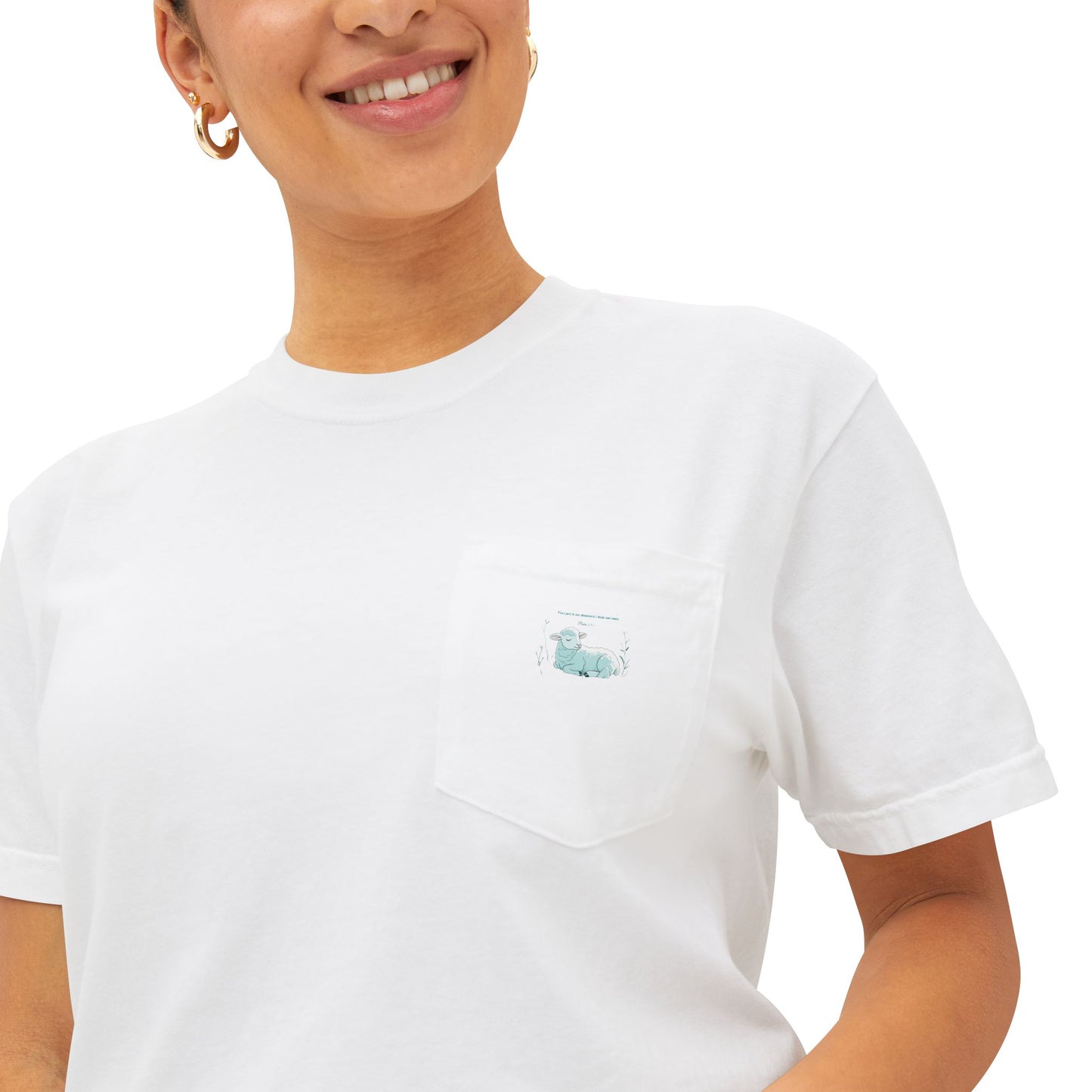 Lamb Rest Pocket T‑Shirt — Vintage Seafoam Pocket Tee with Script Verse