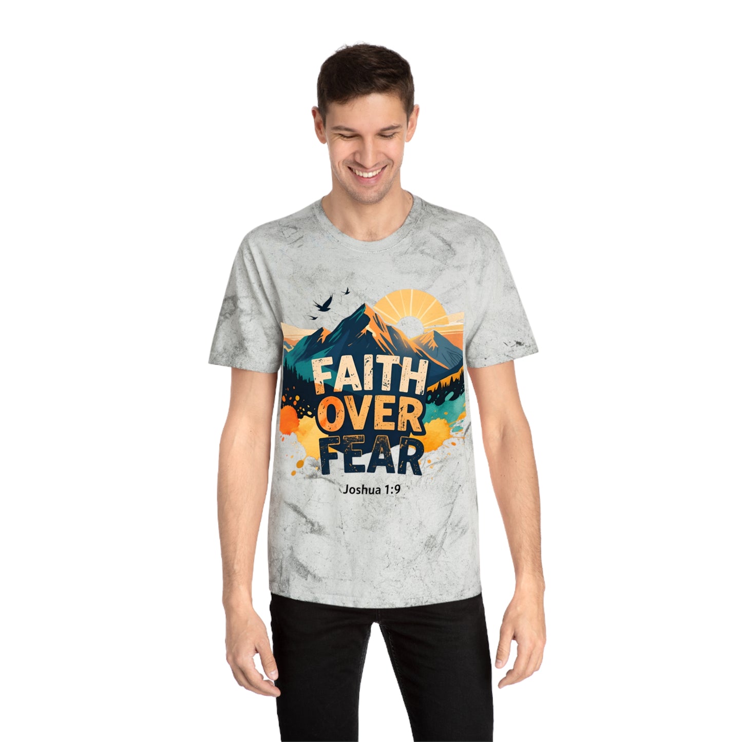 Faith Over Fear Color-Blast T-Shirt — Joshua 1:9 Retro Sunrise