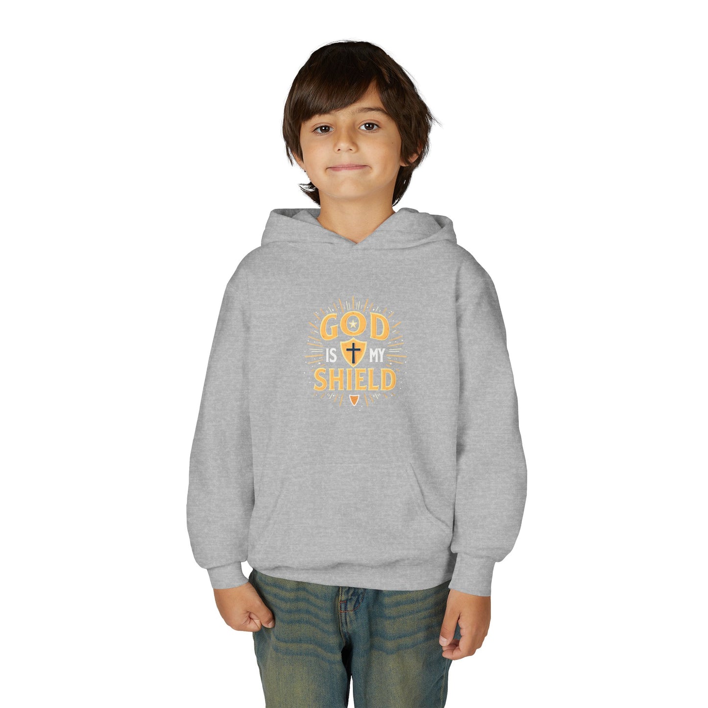 Youth Hoodie — "God Shield" Faith Graphic Pullover